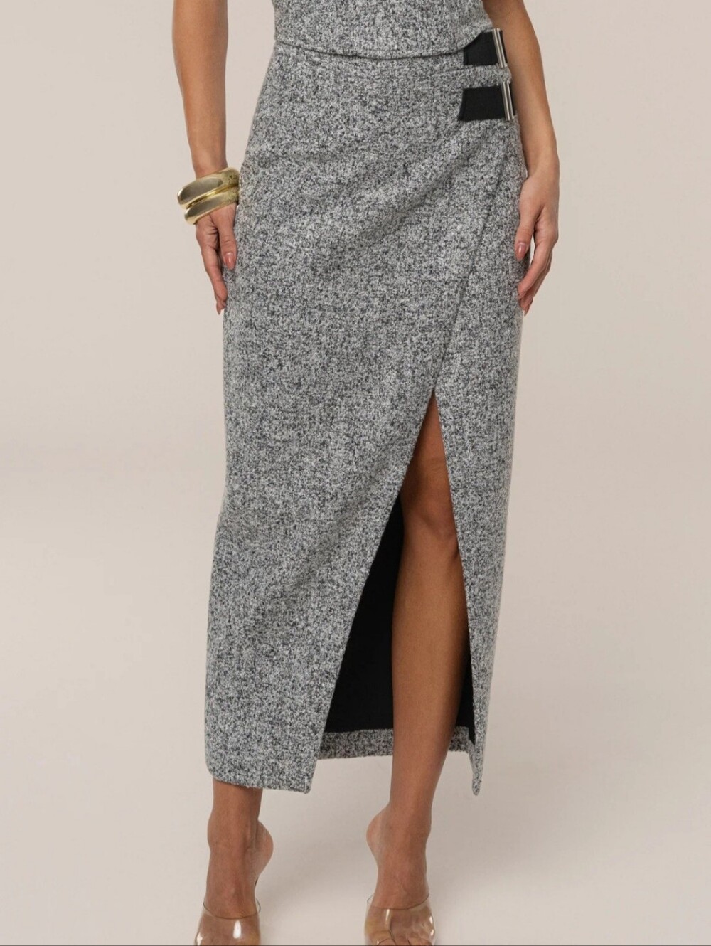 JLuxLabel Gisele Tweed Slit Midi Skirt Light Gray Wool Blend NWT Size Medium